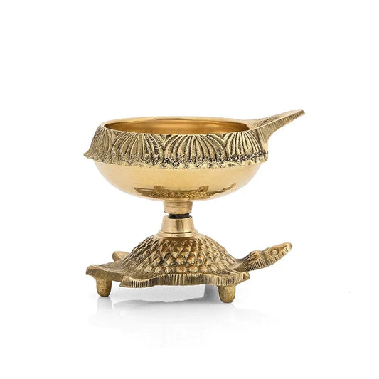 Brass Kuber Diya Oil Puja Lamp with Engraved Turtle Base