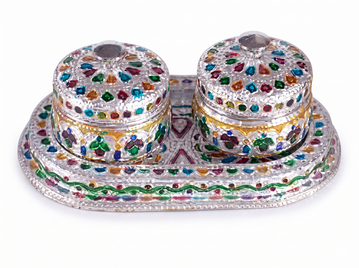 Meenakari Twin Capsule Dabbi Set with Tray / Decorative Multipurpose Storage Gift Box
