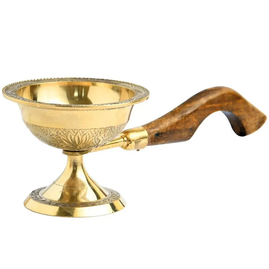 Brass Loban Dhoop Dani Burner with curved Wooden Handle