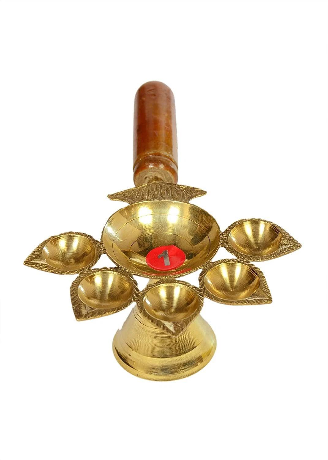 Brass Panch Aarti Diya With Wooden Handle