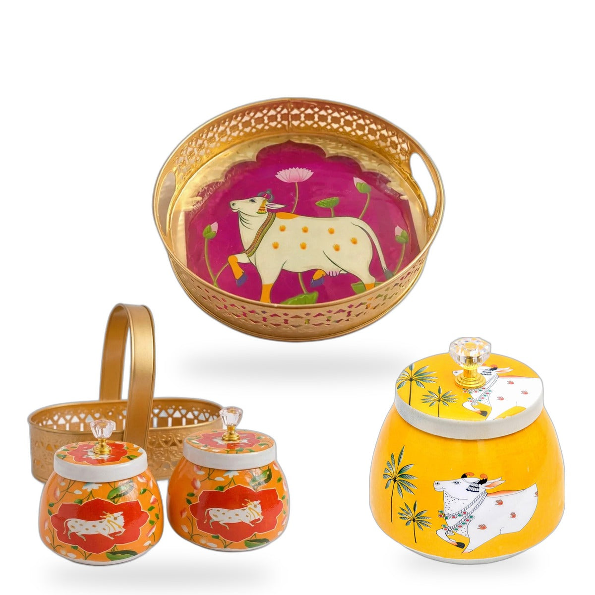 Pichwai tray, jar, and basket gift set thumbnail