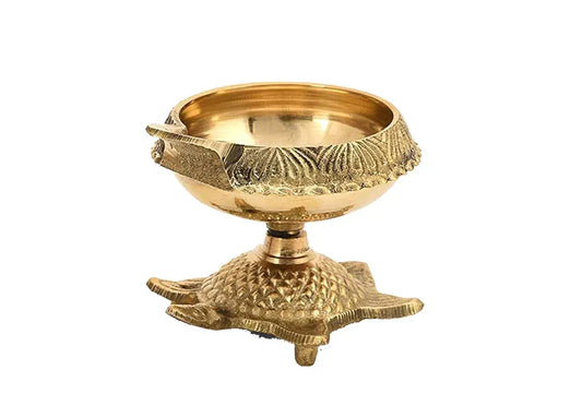 Brass Kuber Diya Oil Puja Lamp with Engraved Turtle Base
