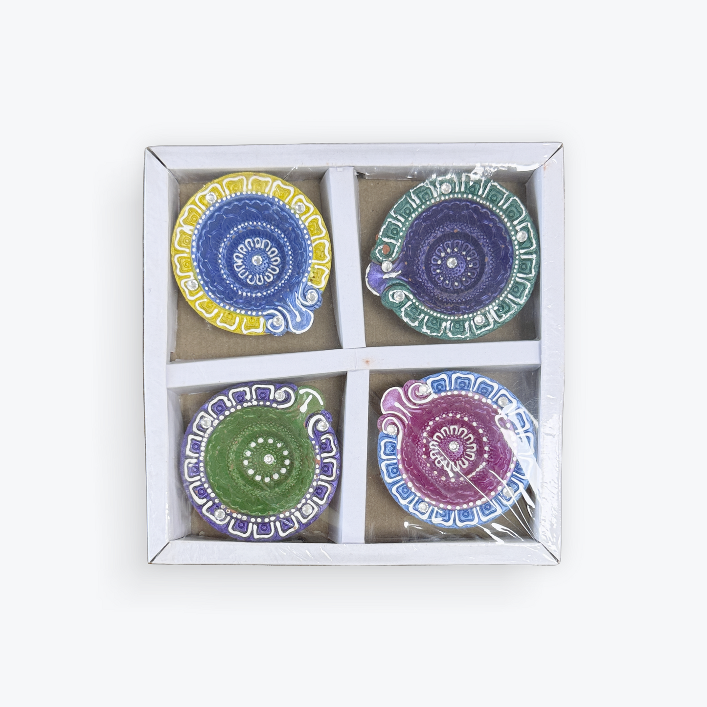 Set of 4 Decorative Clay Diyas – Hand-Painted, Multicolor