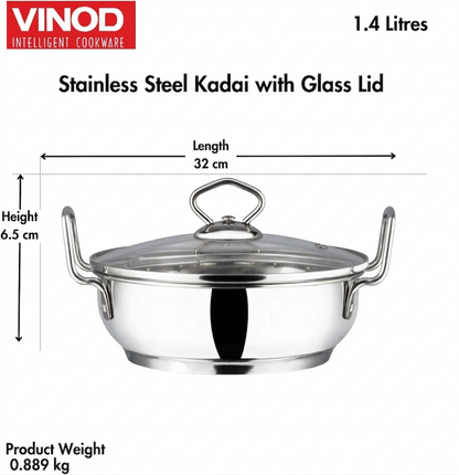 Vinod Stainless Steel Induction Friendly Kadai With Lid - 1.5 Litres
