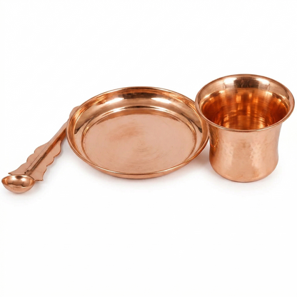 Pure Copper Panchpatra Puja Set with Plate and Achmani Pali
