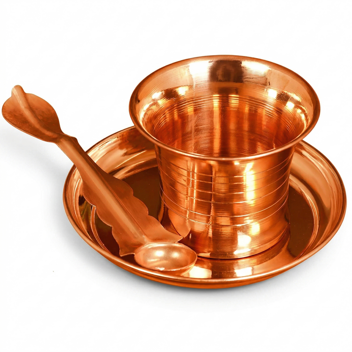 Pure Copper Panchpatra Puja Set with Plate and Achmani Pali