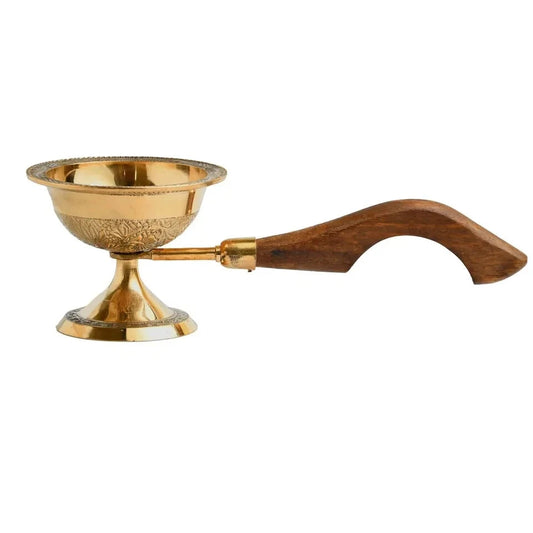 Brass Loban Dhoop Dani Burner with curved Wooden Handle