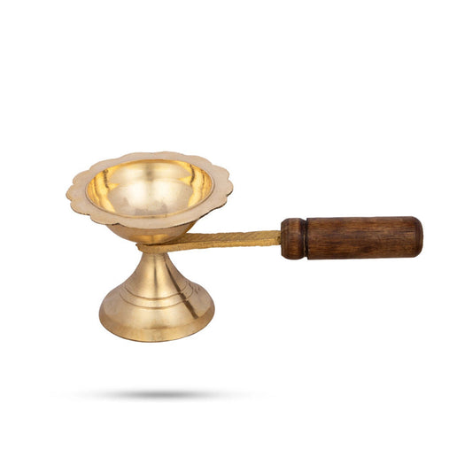 Brass Sambrani Burner - Dhoopkal with Wooden Handle (Small)