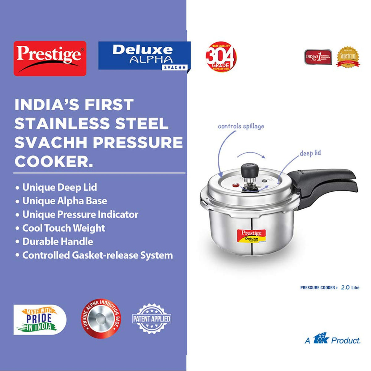 Prestige Deluxe Alpha Stainless Steel Pressure Cooker - 2 Liter