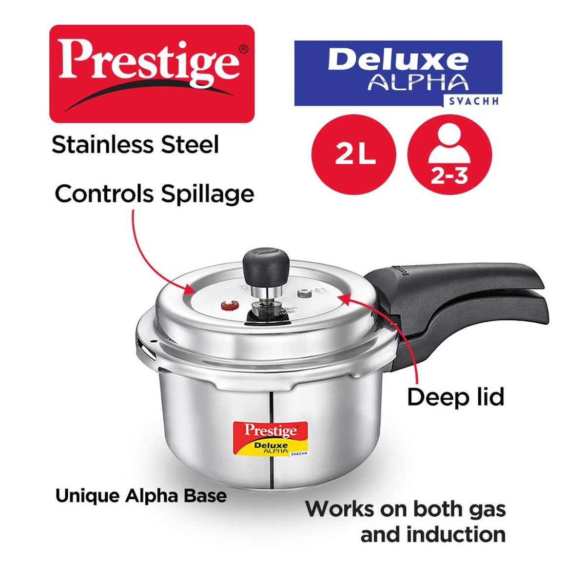 Prestige Deluxe Alpha Stainless Steel Pressure Cooker - 2 Liter