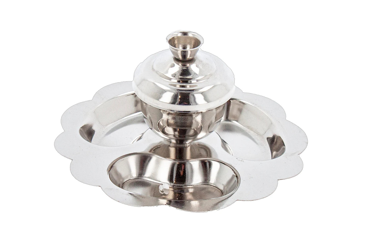 Metal Sindur Box Silver Kumkum Pot Dibbi Plate Set