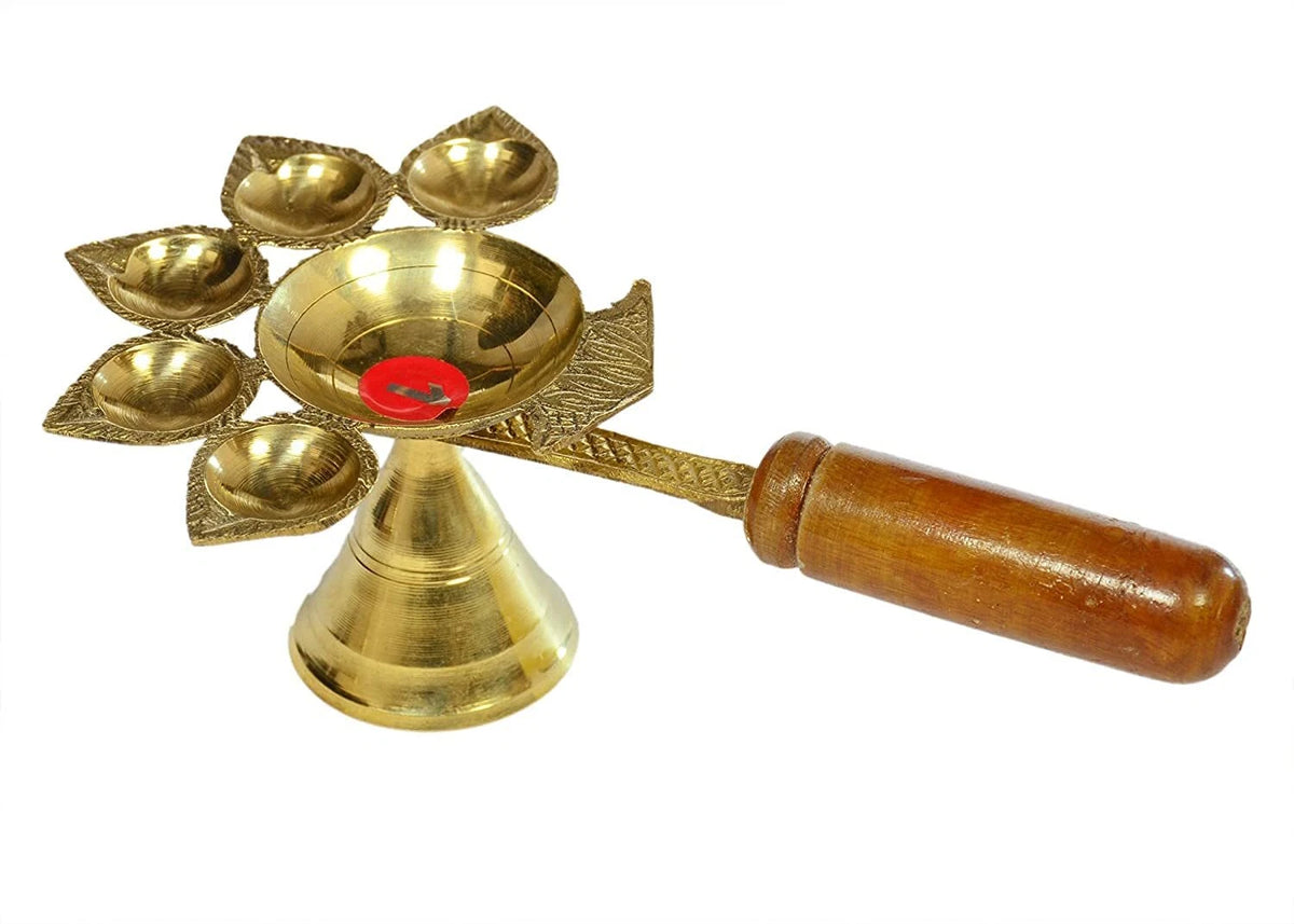 Brass Panch Aarti Diya With Wooden Handle