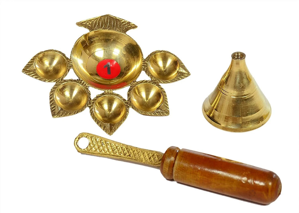 Brass Panch Aarti Diya With Wooden Handle