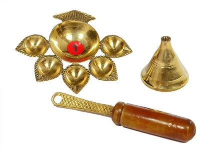 Brass Panch Aarti Diya With Wooden Handle