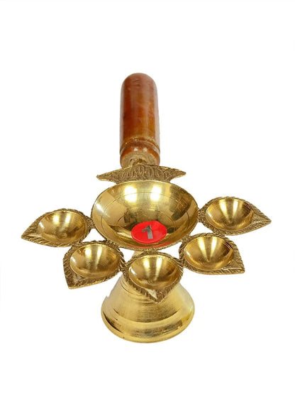 Brass Panch Aarti Diya With Wooden Handle