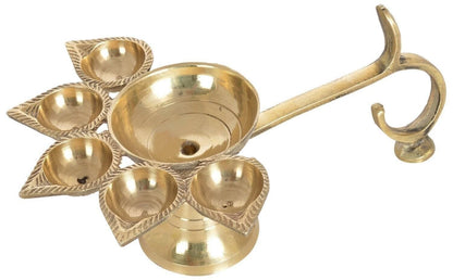 Brass Panch Aarti Camphor Diya with Brass Handle