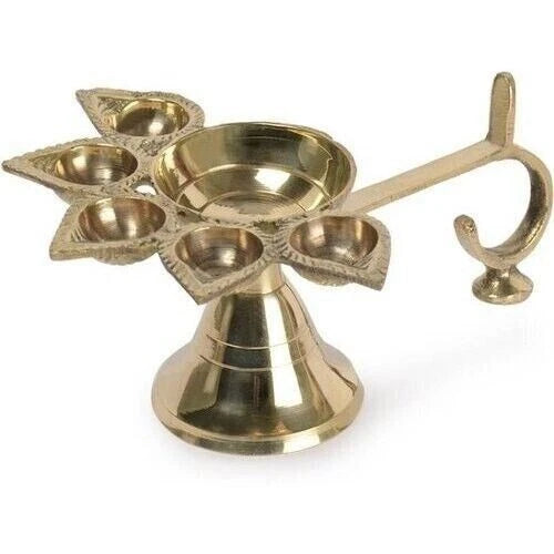 Brass Panch Aarti Camphor Diya with Brass Handle
